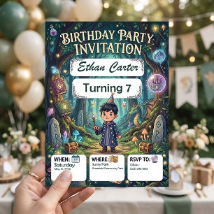 Diseño de invitación de cumpleaños de pequeño mago