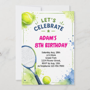 Diseño de invitación de cumpleaños de tenis acuare