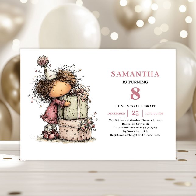 Diseño de Invitación de Cumpleaños para Niña con E (Cute Whimsy Girl 8th Birthday Invitation Design)