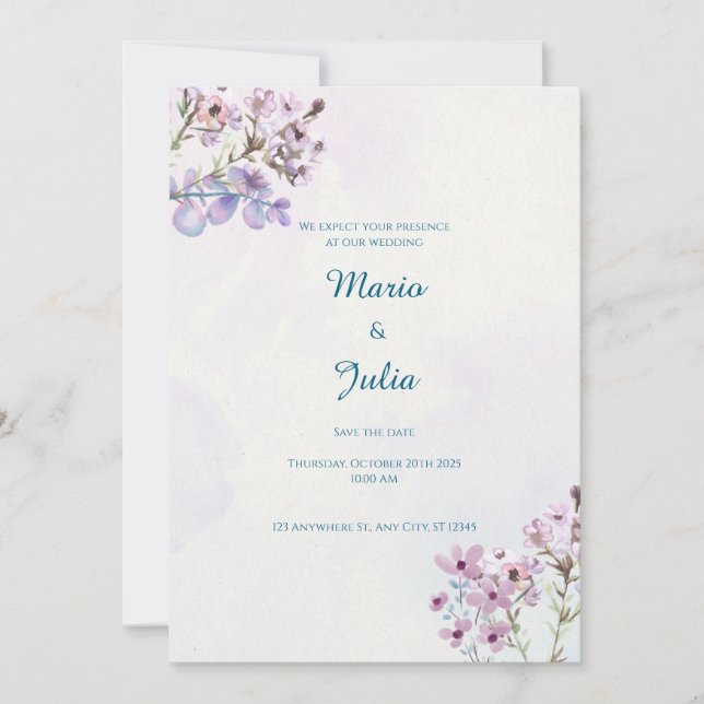 Diseño de invitaciones a bodas de jardín de lavand (Anverso)