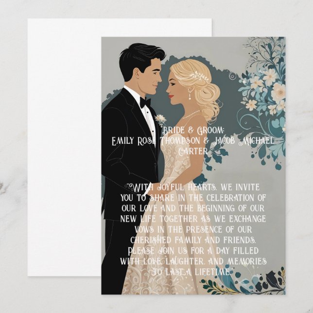 Diseño de invitaciones a bodas elegantes y sin tie (Anverso / Reverso)