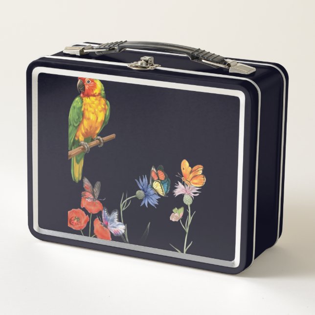 diseño de loro y mariposas en acuarela (Anverso)