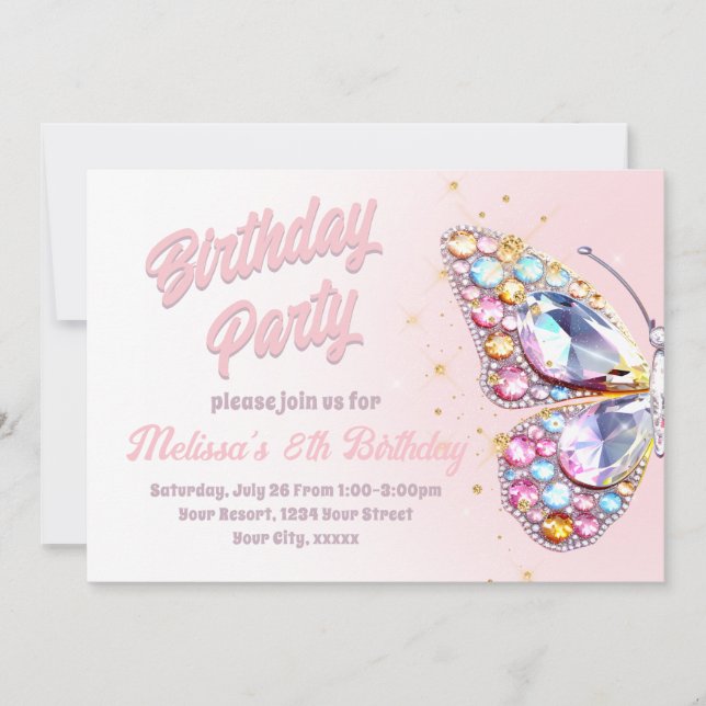diseño de mariposa gemas Invitación de cumpleaños (Anverso)