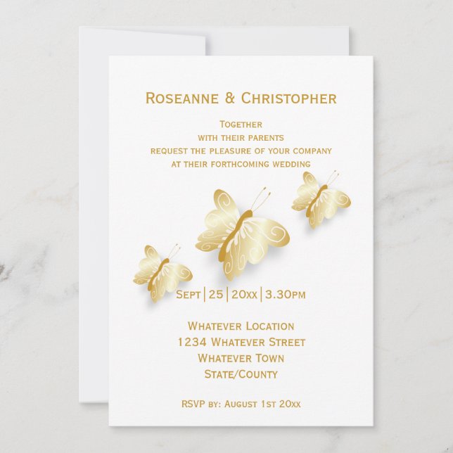 Diseño de mariposas de invitación a la boda de oro (Anverso)