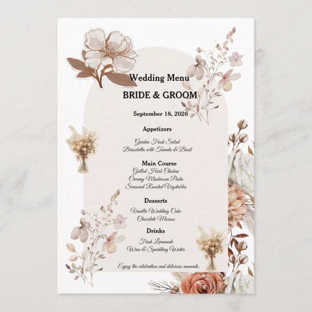 Diseño de Menú de Boda Rústico Neutral (Anverso)
