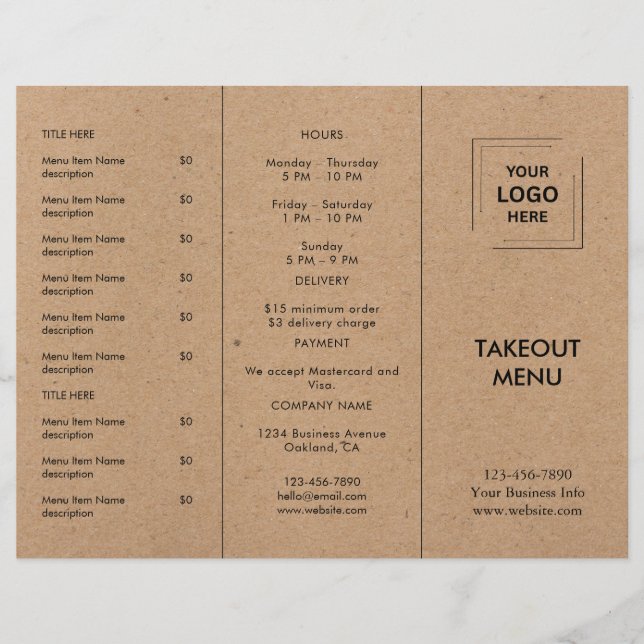 Diseño de Menú para Llevada de Restaurante Rustic  (Anverso)