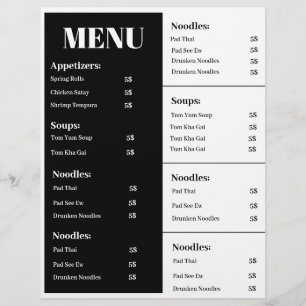 Diseño de menús en blanco y negro, diseño de menús