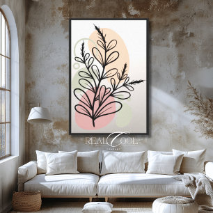 Diseño de pared floral verde rosa arte de línea bo