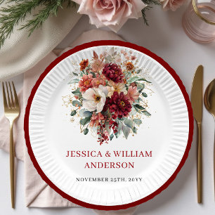 Diseño de platos de papel para boda Boho Burgundy 