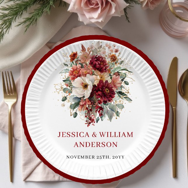 Diseño de platos de papel para boda Boho Burgundy  (Boho Burgundy Greenery Wedding Paper Plates Design

)