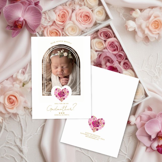 Diseño de propuesta para padrinos de corazón flora (Romantic Pink Floral Heart with Gold Effect Godparents Baptism Proposal Card Design )