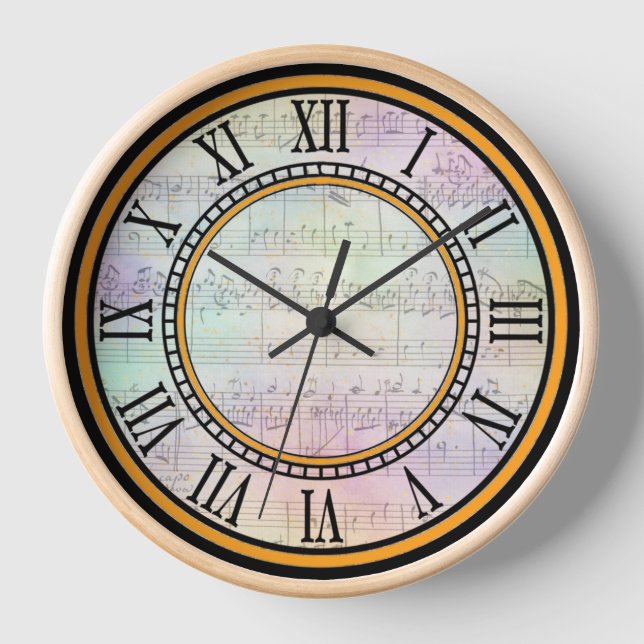 Diseño de reloj numérico romano con hoja de música (Anverso)