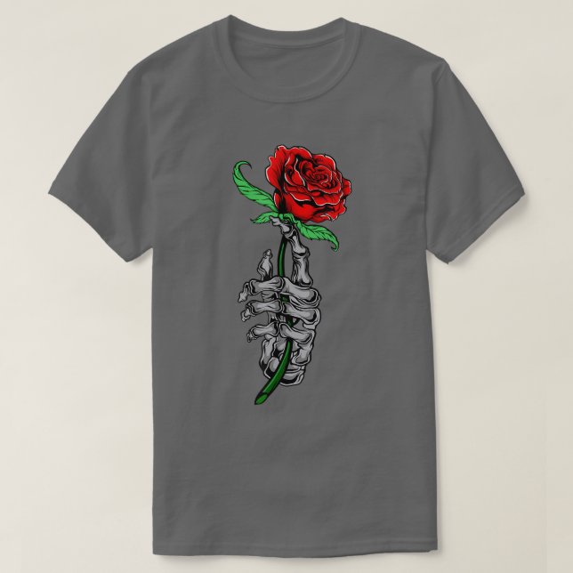 Diseño de rosas con camiseta roja y esqueleto a ma (Diseño del anverso)