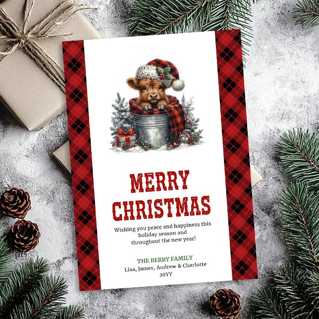 Diseño de saludo de Navidad de vaca de las tierras (Cozy highland cow Christmas greeting design Holiday Card)