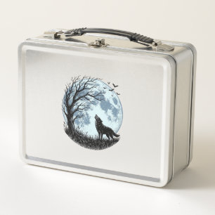 Diseño de silueta de árbol de luna aullando lobo v