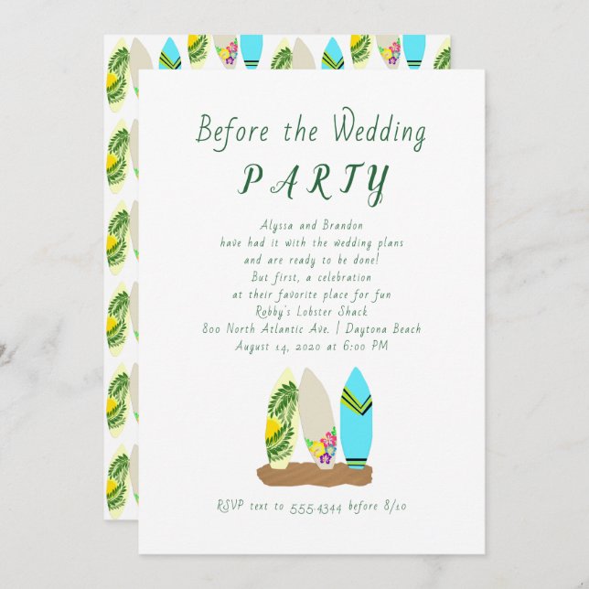 Diseño de Surfboard antes de la invitación de boda (Anverso / Reverso)