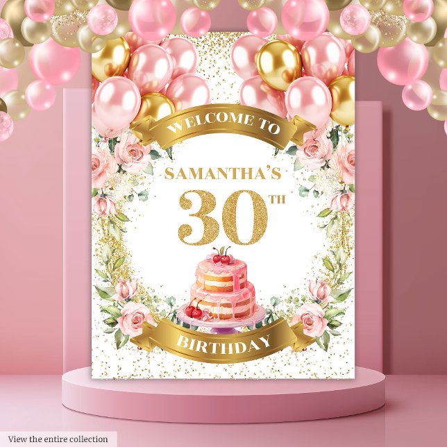Diseño de Tapiz Rosa Dorado Elegante para Cumpleañ (Stylish 30th Birthday Blush Gold Tapestry Design)