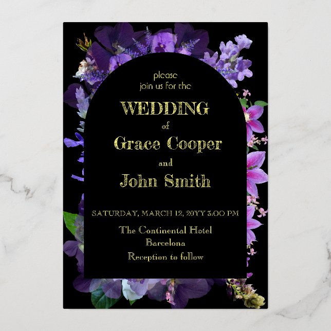 Diseño de tarjeta boda floral púrpura (Anverso)