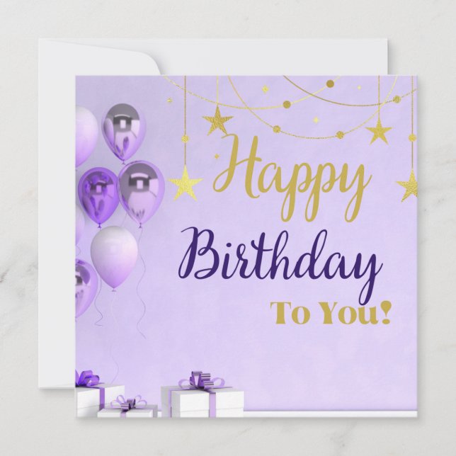 Diseño de tarjeta de cumpleaños en púrpura y dorad (Anverso)