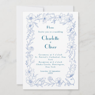 Diseño de tarjeta de invitación de boda floral azu