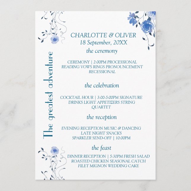 Diseño de tarjeta de programa de boda floral con a (Anverso)