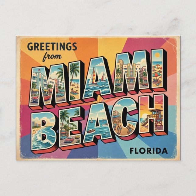 Diseño de tarjeta postal de viaje Retro Miami Beac (Anverso)