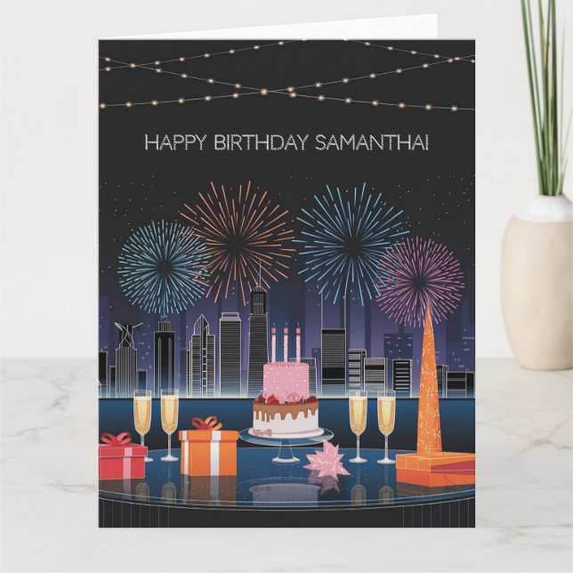 Diseño de tarjetas de cumpleaños con fuegos artifi (Anverso)