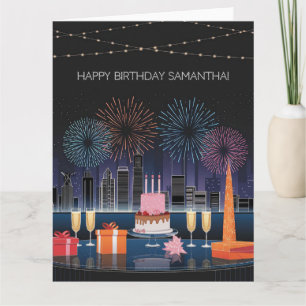 Diseño de tarjetas de cumpleaños con fuegos artifi