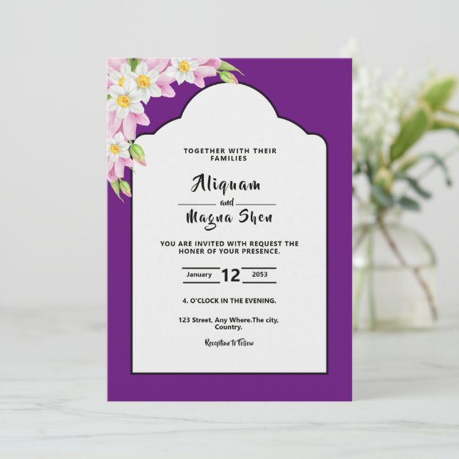 Diseño de tarjetas de invitaciones a bodas florale (Anverso de pie)