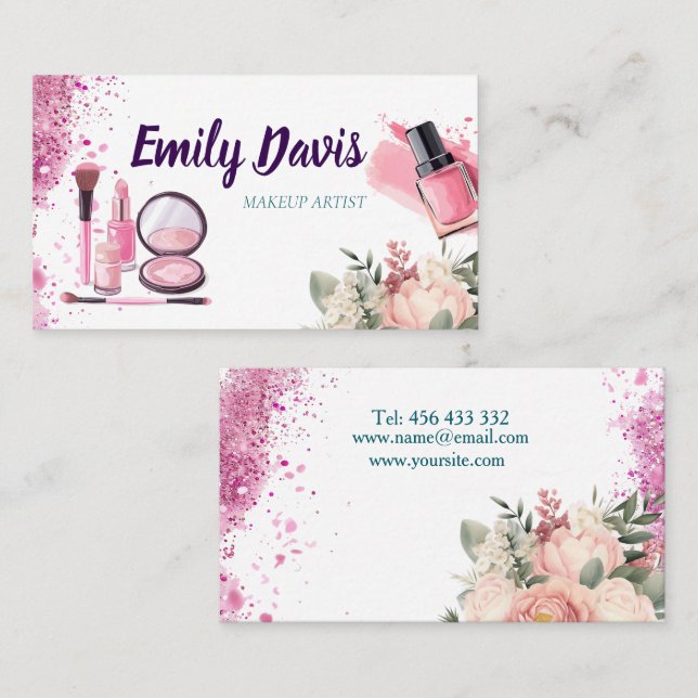 diseño de tarjetas de visita con purpurina rosa y (Anverso / Reverso)