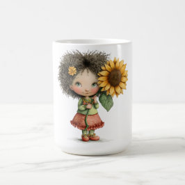 Diseño de taza de café de niña sosteniendo girasol