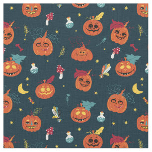 Diseño de tela de Halloween con calabazas fantasma