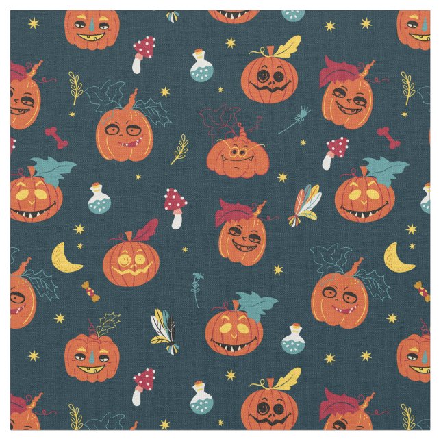 Diseño de tela de Halloween con calabazas fantasma (De cerca)