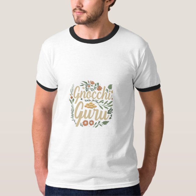 Diseño de una camiseta con el texto "Gnocchi Guru" (Anverso)