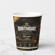 Diseño de vaso de papel de cumpleaños negro y dora