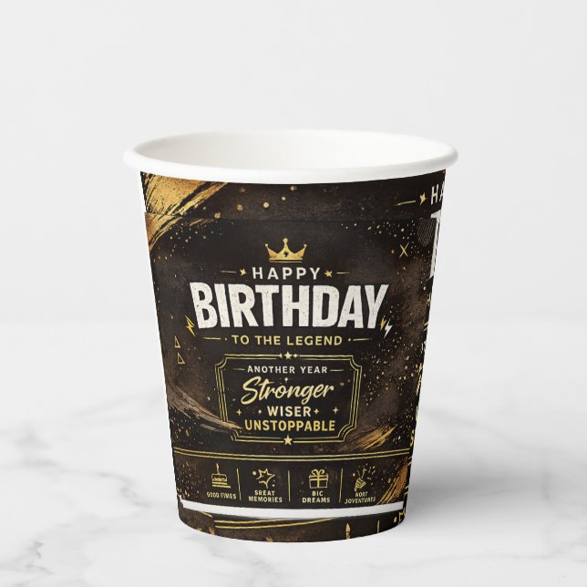 Diseño de vaso de papel de cumpleaños negro y dora (Anverso)