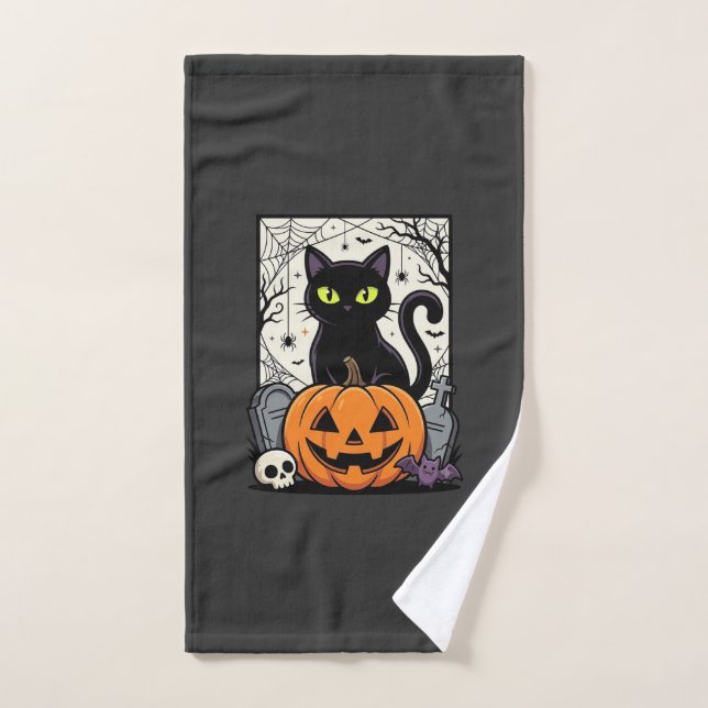 Diseño de vector de calabaza gato negro de Hallowe (Toalla de mano)