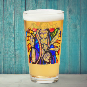 Diseño de vidrio emplomado con figura religiosa.