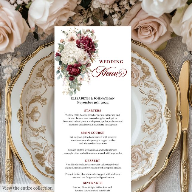 Diseño del menú boda floral de oro blanco boho mar (Boho maroon white gold floral wedding menu design

)