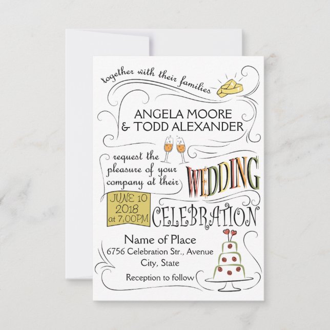 Diseño divertido y colorido de invitación de boda (Anverso)