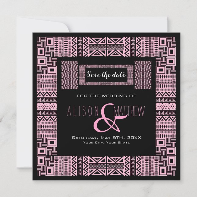 Diseño étnico Rosa Negro Guardar la invitación de  (Anverso)