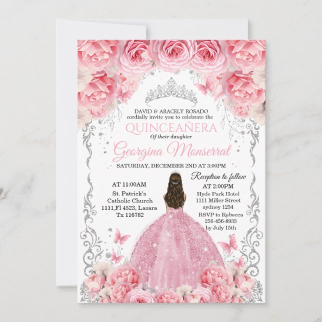 Diseño floral de invitaciones de Quinceañera de pl (Anverso)