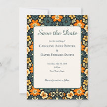 Diseño floral moderno en azul verdoso y naranja pa