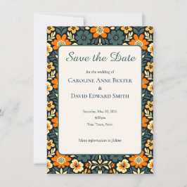 Diseño floral moderno en azul verdoso y naranja pa