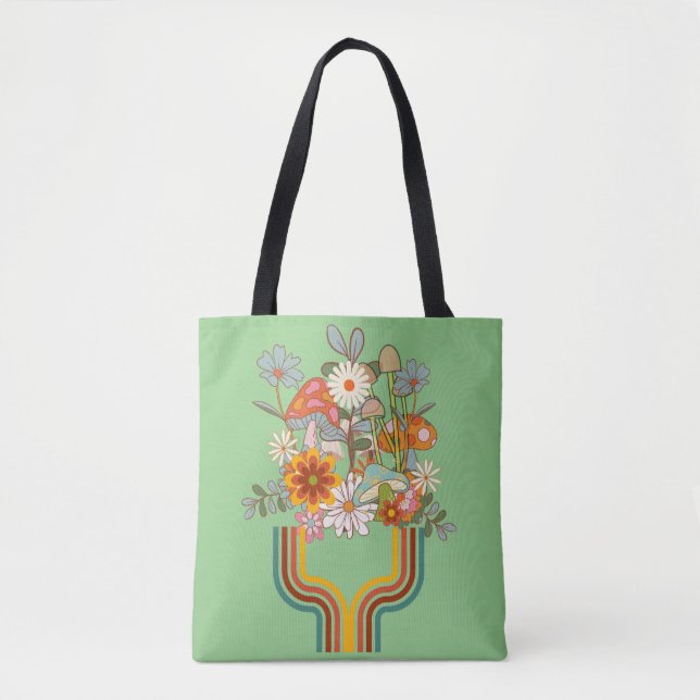 Diseño floral retro-hippie, bolsa Tote (Anverso)