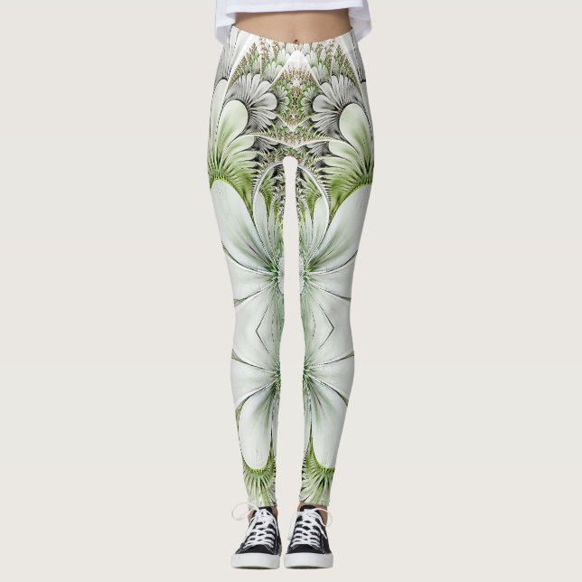 Diseño floral verde y blanco Legging del fractal (Anverso)