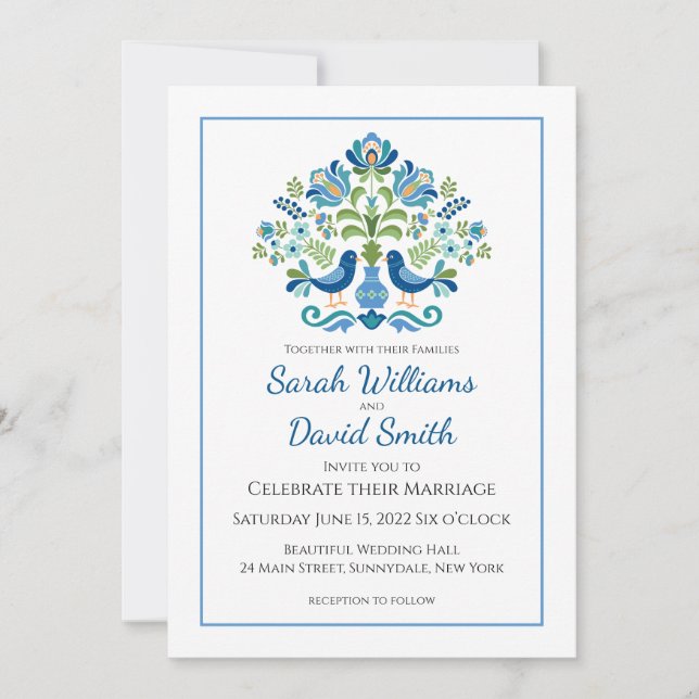 Diseño húngaro Aves azules Invitación a la boda (Anverso)