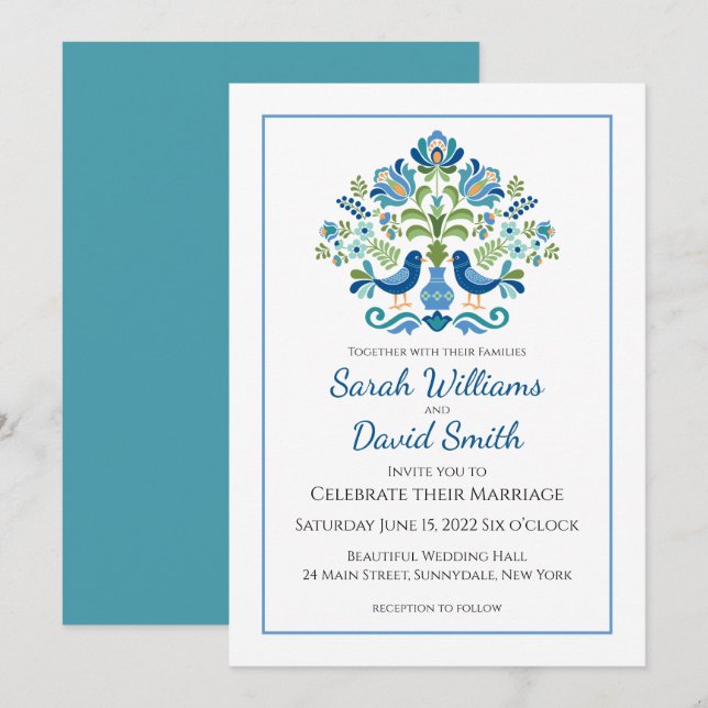 Diseño húngaro Aves azules Invitación a la boda (Anverso / Reverso)