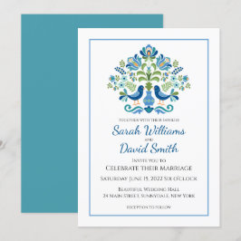 Diseño húngaro Aves azules Invitación a la boda