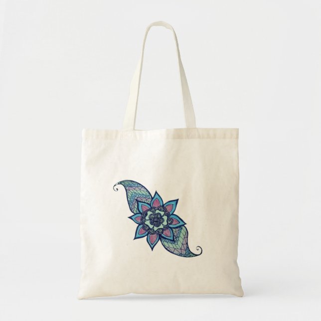 Diseño inspirado en Henna en bolso de Tote azul y  (Frente)